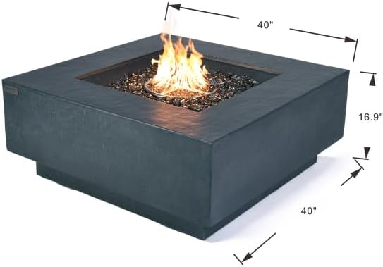 Elementi+ | Bundle Bergen Gas Fire Pit Cast Concrete 40" Square Fire Table, Outdoor Fire Pit Electronic Ignition | Canvas Cover, Fire Glass and Burner Lid Included | Dark Gray | Natural Gas
