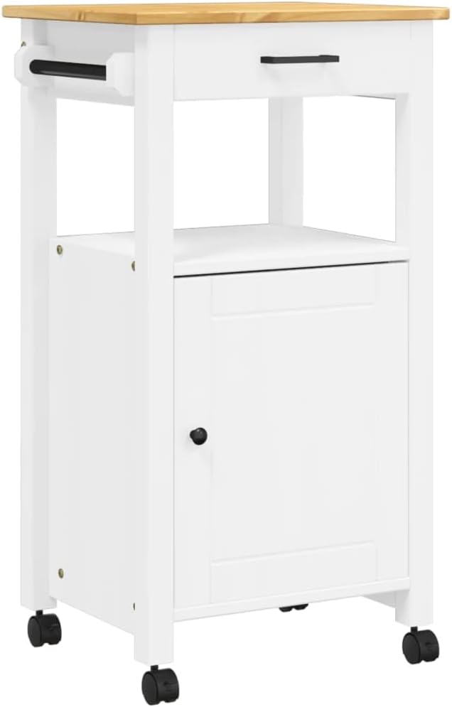 Kitchen Trolley Monza Rolling Kitchen Island Cart with Storage, Portable Dining Room Serving Utility Carts, White 18.9" x 15.7" x 35.4" Solid Wood Pine KH73A