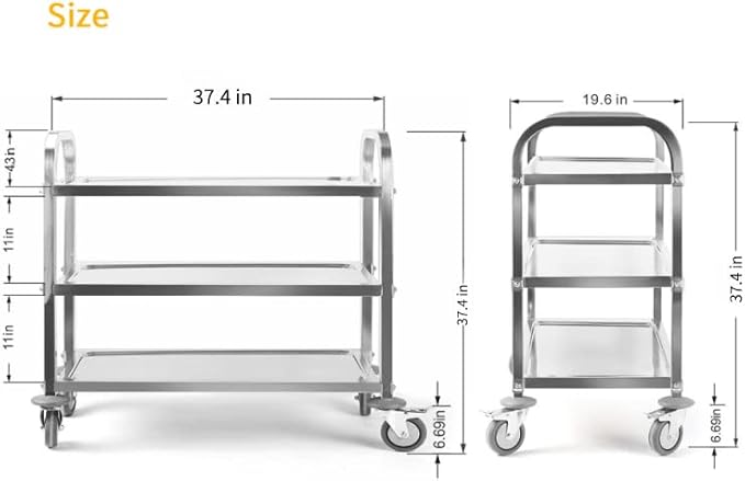 Nisorpa 3 Tier Stainless Steel Utility Cart L37.4 x W19.68 x H37.4 Inch Kitchen Rolling Carts with Wheels Serving Trolley Catering Storage Shelf with 2 Lockable Wheels for Hotel Restaurant Home Use