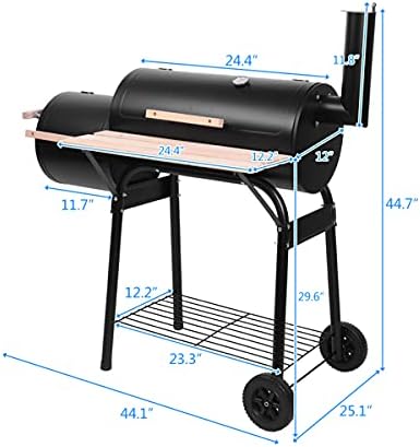 44" Charcoal Grill Offset Smoker, Outdoor BBQ Smoker with Side Fire Box, High-Temp Paint Charcoal Furnace with Thermometer, Wooden Shelf & 2 Wheels for Backyard Cooking, Camping, Picnic, Black