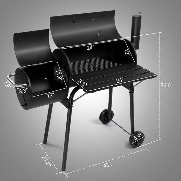 Heavy Duty Barrel Charcoal Grill with Offset Smoker, All Metal Outdoor BBQ Smoker with Front Work Table and Wheels, Portable Barbecue Grill for Backyard Garden Patio Camping Cooking, 43.7" Wide