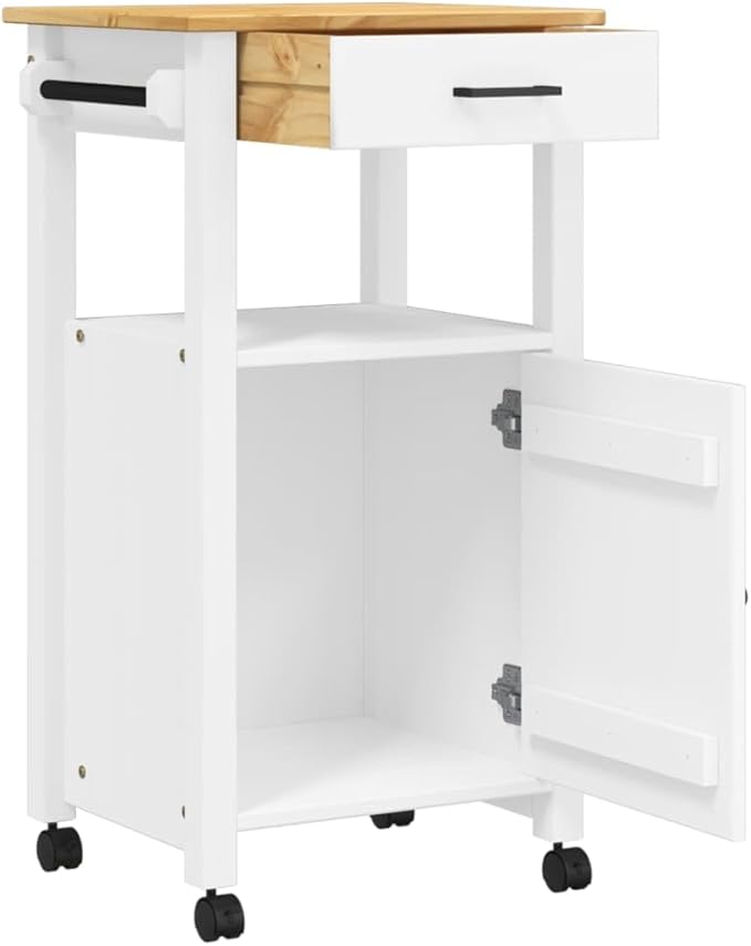 Kitchen Trolley Monza Rolling Kitchen Island Cart with Storage, Portable Dining Room Serving Utility Carts, White 18.9" x 15.7" x 35.4" Solid Wood Pine KH73A