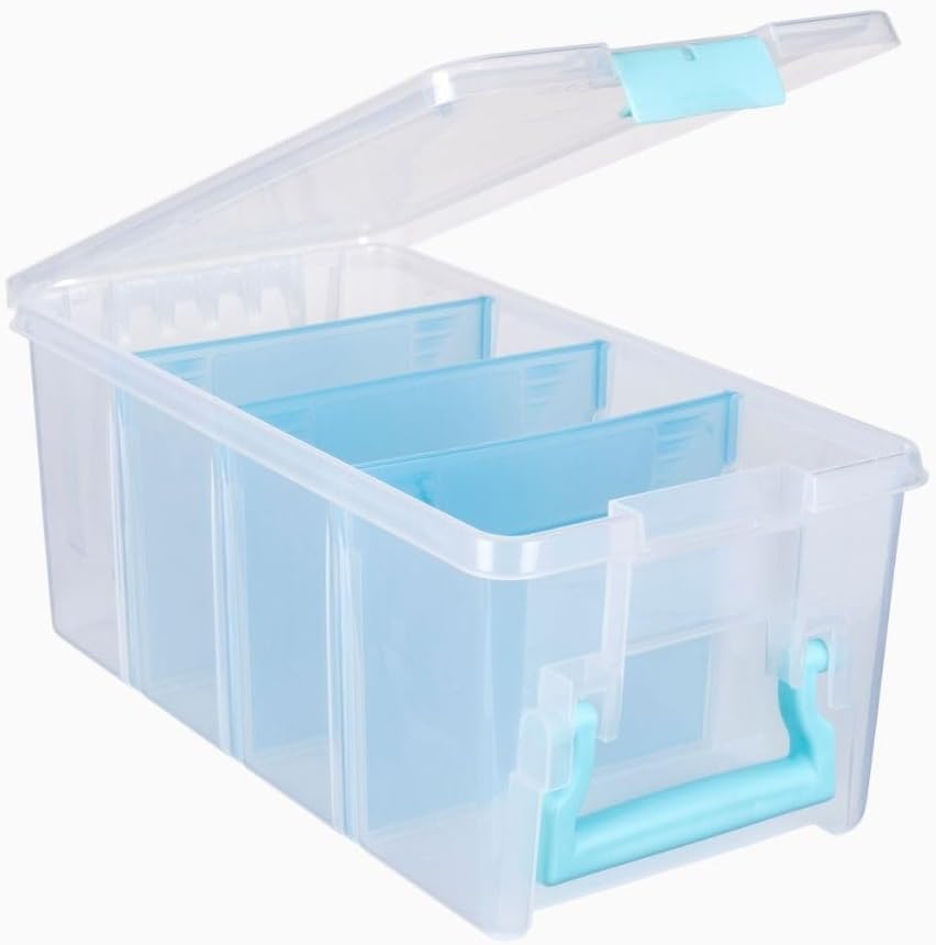 ArtBin 6925AA Semi Satchel with Removable Dividers, Portable Art & Craft Organizer with Handle, [1] Plastic Storage Case, Clear with Aqua Accents