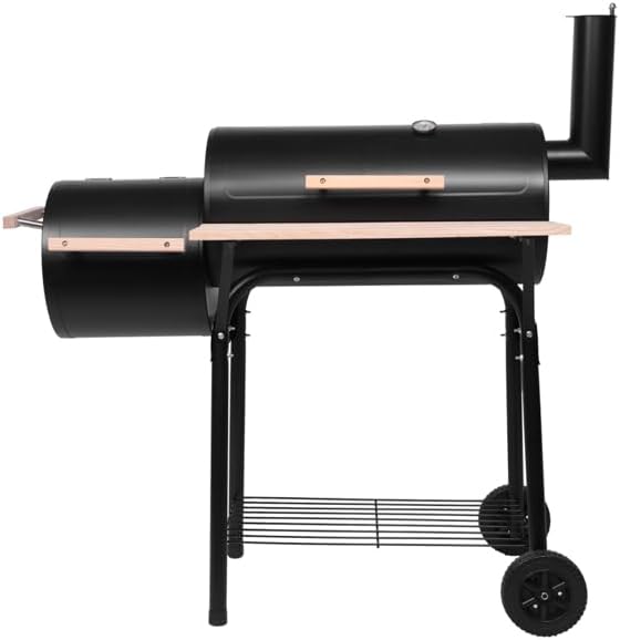 44" Charcoal Grill Offset Smoker, Outdoor BBQ Smoker with Side Fire Box, High-Temp Paint Charcoal Furnace with Thermometer, Wooden Shelf & 2 Wheels for Backyard Cooking, Camping, Picnic, Black