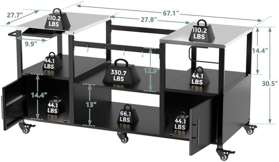 Heavy-Duty Outdoor Grill Cart with Stainless Steel Top, Rolling BBQ Prep Station Table for Large Ceramic Grills & Smokers, 67-Inch Metal Grill Stand with 2 Storage Cabinets, 6 Wheels, Black