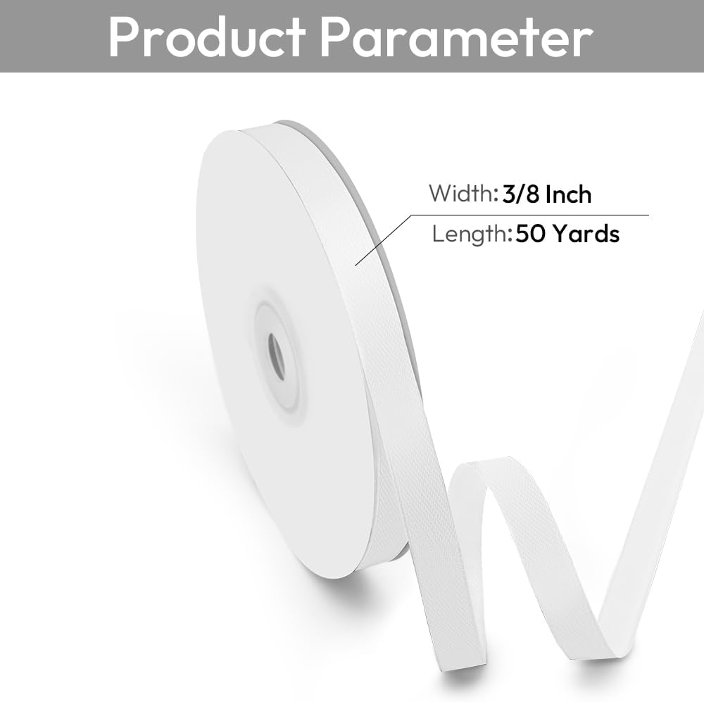 3/8" Width x 50 Yards Satin Fabric Ribbon, White Ribbon Perfect for DIY Bows, Swags, Gift Wrapping, Craft, Flower Bouquet，Christmas and Party Decoration