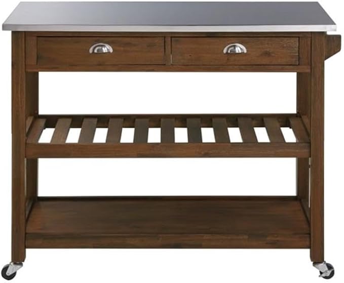 BOWERY HILL Modern Wood/Stainless Steel Kitchen Cart in Chestnut Wire-Brush
