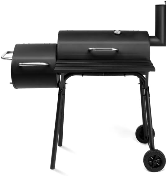 Heavy Duty Barrel Charcoal Grill with Offset Smoker, All Metal Outdoor BBQ Smoker with Front Work Table and Wheels, Portable Barbecue Grill for Backyard Garden Patio Camping Cooking, 43.7" Wide