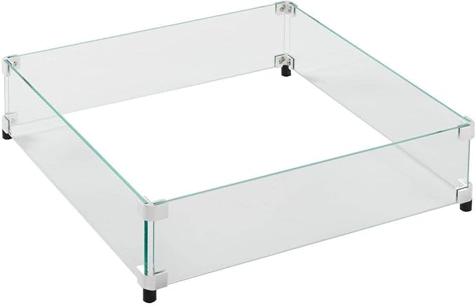 Outdoor GreatRoom Co Fire Pit Wind Guard - 16" Square Fire Pit Glass Wind Guard for Firepit Burner with 6 Inch Tall Tempered Glass Panels, Secure Aluminum Clips, Rubber Bases - Easy Assembly
