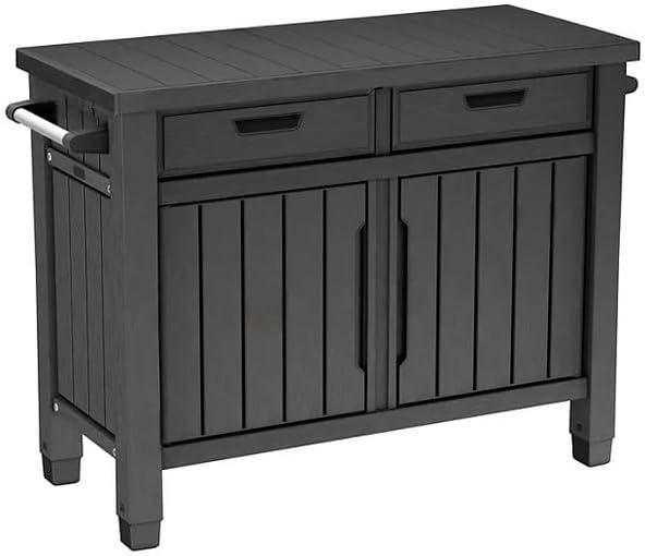 Outdoor Grill Table, Entertainment, and Storage Table with Drawers in Graphite Gray is a Versatile and Stylish Addition to Any Outdoor Space.