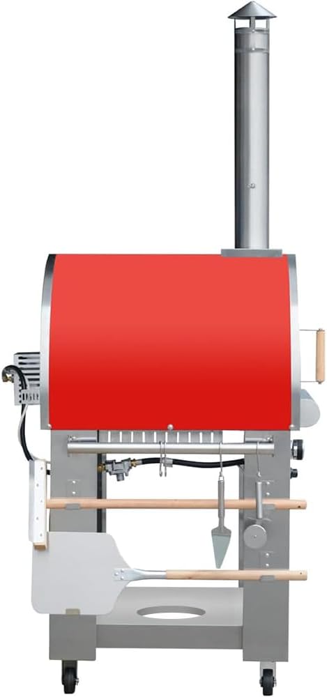 KOSTCH 32.5 inch Wood Fired and Propane Gas Pizza Oven for Outdoor Kitchen in Stainless Steel, Large Pizza Oven for Outside, Yard and Party (Red with Cover)