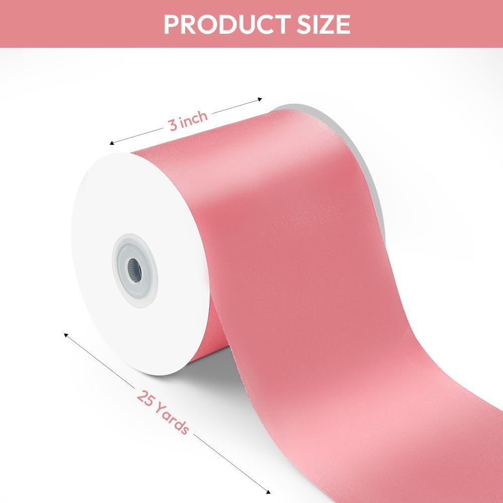 3" Width x 25 Yards Satin Fabric Ribbon, Pink Ribbon Perfect for Wedding Car, Chair Sash, Grand Opening Ceremony, Big Bows, Embroidery, Floral Crafts, Party Decoration