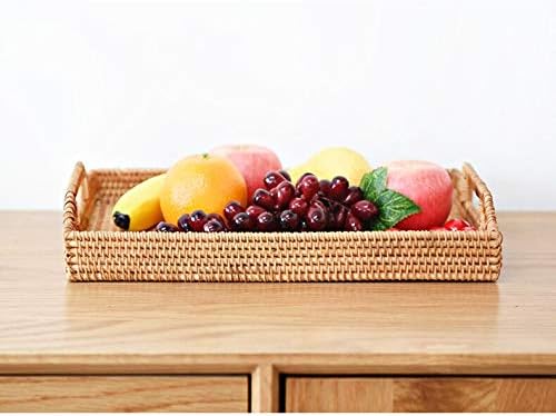 Hand-Woven Rattan Rectangular Serving Tray with Handles for Breakfast, Drinks, Snack for Coffee Table (14.5x10.2x1.4inches)