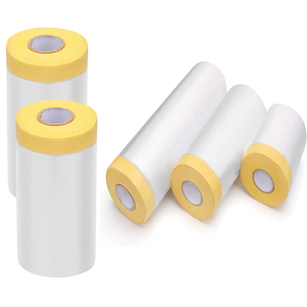 Pre-Taped Masking Film-70inx65ft Tape and Drape Painters Plastic Rolls, Plastic Painting Film for Automotive Painting Covering,Protective Drop Film for Furniture, Car, Floor (2rolls, 70in×65ft)