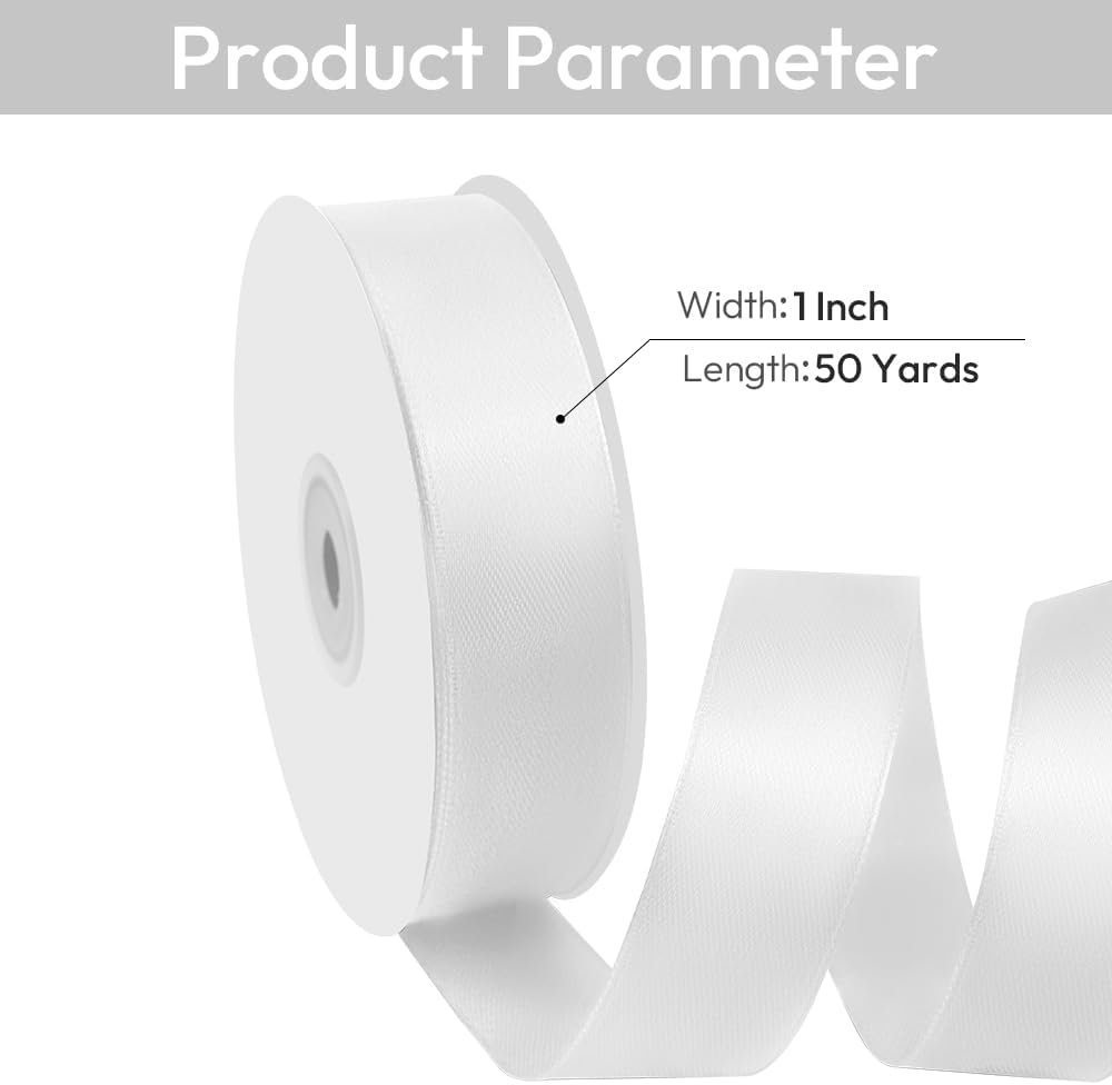 1" Width x 50 Yards Satin Fabric Ribbon, White Ribbon Perfect for DIY Bows, Swags, Gift Wrapping, Craft, Flower Bouquet，Christmas and Party Decoration