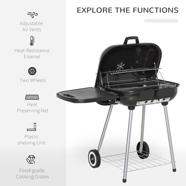 Portable Charcoal Grill with Wheels, 21-Inch BBQ Kettle Grill with Foldable Side Shelf & Warming Rack, Porcelain-Enameled Locking Lid & Adjustable Air Vent for Outdoor Camping, Patio, Backyard, Black