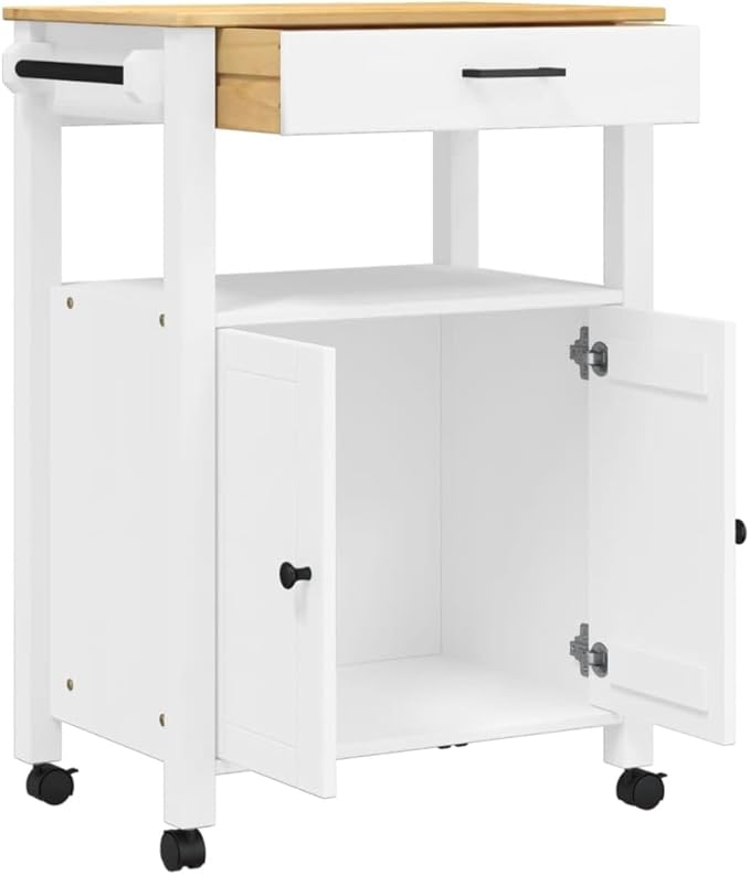 Kitchen Trolley Monza Rolling Kitchen Island Cart with Storage, Portable Dining Room Serving Utility Carts, White 23.6" x 15.7" x 35.4" Solid Wood Pine KH76A