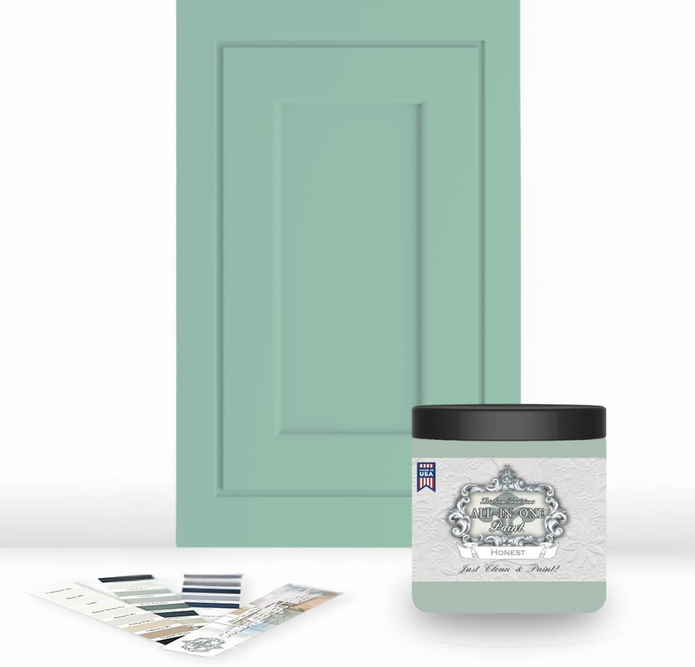 ALL-IN-ONE Paint, Durable cabinet and furniture paint. Built in primer and top coat, no sanding needed. Includes our 30 featured color card - Honest (mint green), 8oz Sample