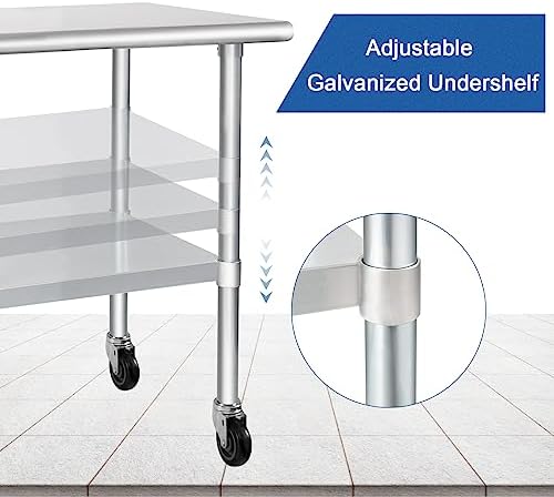 HARDURA Stainless Steel Table with Wheels 24 x 48 Inches Casters NSF Heavy Duty Commercial Work & Prep Table with Undershelf and Galvanized Legs for Restaurant Kitchen Bar and Hotel Garage