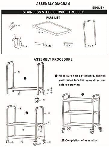 uyoyous 3 Tier Stainless Steel Utility Cart 37"x20"x37" Commercial Heavy Duty Rolling Cart Food Storage Service Trolley with 360°Rotatable Wheels for Kitchen Hotel Restaurant Home Use