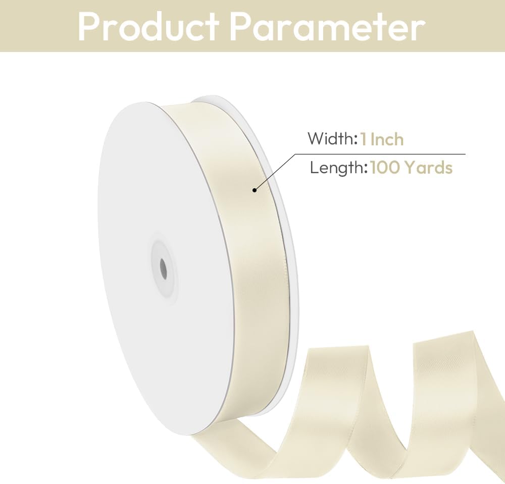 1" Width x 100 Yards Satin Ribbon, Ivory Ribbon Perfect for DIY Craft, Bows, Gift Wrapping, Flower Bouquet, Valentine's Day, Christmas and Party Decoration