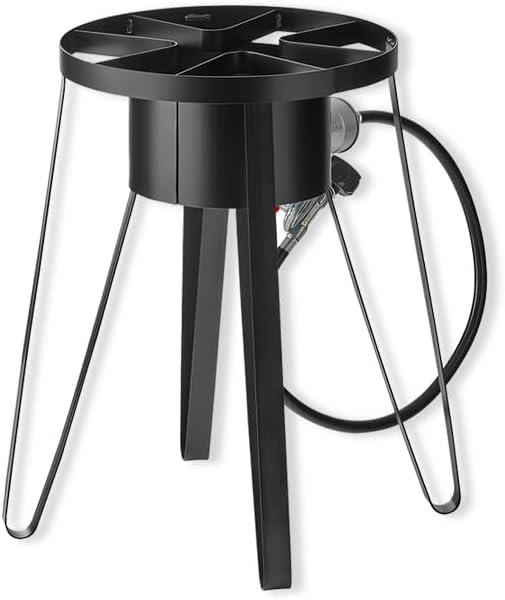 21" Tall Portable Gas Stove with Hose Guard, Steel Heavy Duty Single Burner Outdoor Patio Stove, Tank Cooker Perfect for Deep Frying or Steaming, Turkey Fry, Catered Events, Camping, Range - 55,000BTU