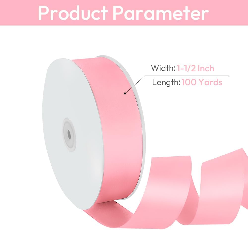 1-1/2" Width x 100 Yards Satin Fabric Ribbon, Light Pink Ribbon Perfect for DIY Bows, Swags, Gift Wrapping, Craft, Flower Bouquet，Christmas and Party Decoration