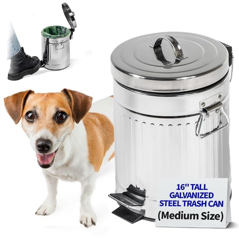 Pet Fit For Life 16" Tall Galvanized Steel Trash Can - Features Step Foot Pedal, Lid Lift - Plastic Inner Lining & Custom Liner Bags - Weather-Resistant, Covered Bin for Lawn & Yard (12L/3.2 Gallons)