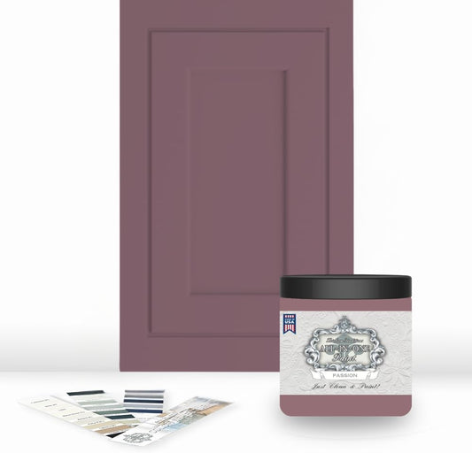 ALL-IN-ONE Paint, Durable cabinet and furniture paint. Built in primer and top coat, no sanding needed. Includes our 30 featured color card - Passion (plum rose), 8oz Sample