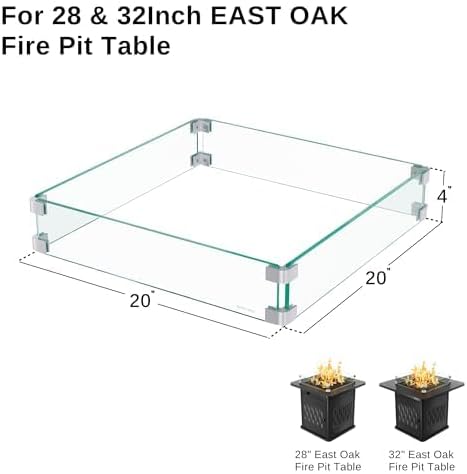 East Oak Glass Wind Guard for 28''&32'' Propane Fire Pit Table, Clear Tempered Wind Guard for Gas Firepit, Thick Rectangle Glass Panel with Aluminum Corner Brackets & Rubber Feet, 20 x 20 x 4 Inch