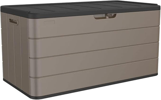 100 Gallon Plus Resin Deck Box, Waterproof Outdoor Storage Box for Patio Furniture, Garden Tools, and Pool Accessories, Lockable UV-Resistant Storage Bin Bench Cabinet for Outside, Brown