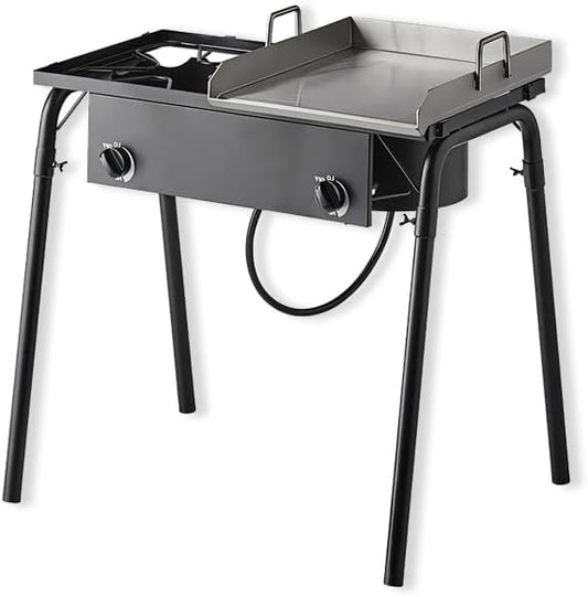 Griddle Plate 15" Gas Stove 32" with Hose Guard, Steel Heavy Duty Double Burner Outdoor Patio Stove, Tank Cooker Perfect for Deep Frying or Steaming, Turkey Fry, Catered Events, Range - 150,000BTU