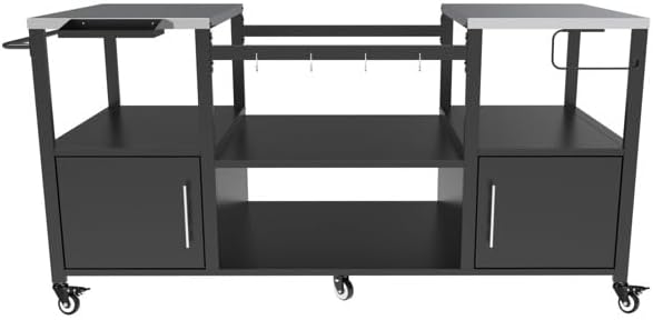 Heavy-Duty Outdoor Grill Cart with Stainless Steel Top, Rolling BBQ Prep Station Table for Large Ceramic Grills & Smokers, 67-Inch Metal Grill Stand with 2 Storage Cabinets, 6 Wheels, Black