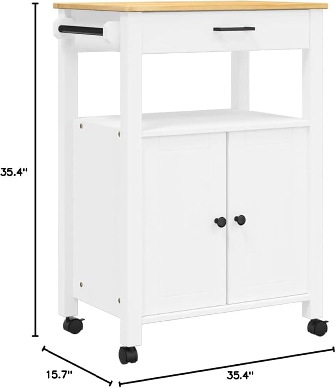 Kitchen Trolley Monza Rolling Kitchen Island Cart with Storage, Portable Dining Room Serving Utility Carts, White 23.6" x 15.7" x 35.4" Solid Wood Pine KH76A