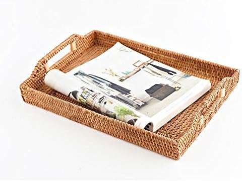 Hand-Woven Rattan Rectangular Serving Tray with Handles for Breakfast, Drinks, Snack for Coffee Table (14.5x10.2x1.4inches)