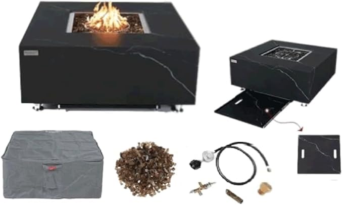 Elementi+ | Sofia Gas Fire Pit | Marble Porcelain & Metal Frame | 40" Square Fire Table | Electronic Ignition | Canvas Cover, Fire Glass & Burner Lid Included | Black | Propane Gas