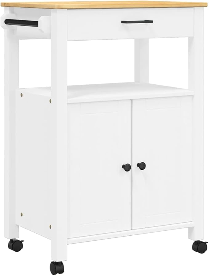 Kitchen Trolley Monza Rolling Kitchen Island Cart with Storage, Portable Dining Room Serving Utility Carts, White 23.6" x 15.7" x 35.4" Solid Wood Pine KH76A