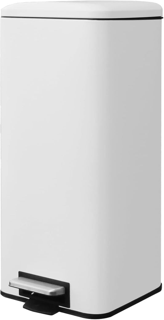 8 Gallon Trash Can with Lid, White Kitchen Trash Can with Soft Close, InnerBucket & Steel Pedal, Stainless Steel Garbage Can for Kitchen, Laundry Room, Office, Bathroom, Dorm, 30 Liters