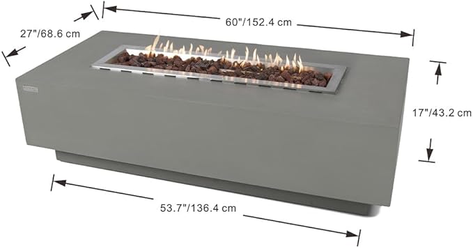 Granville Concrete Fire Pit 60" x 27" Outdoor Patio Firepit Includes Lava Rocks Modern Fire Pits & Outdoor Fireplaces for Garden, Deck, Indoor & Outdoor Heating