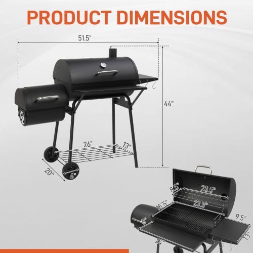 VINGLI Barrel Charcoal Grill with Offset Smoker, Built-in Lifting Carbon Mesh, Large Charcoal Barbecue Smoker Grill Combo for Outdoor Backyard Patio Camping Parties 52 × 20 × 44 inch