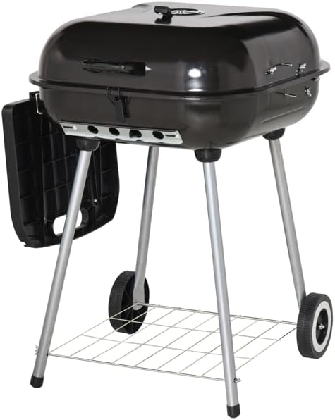Portable Charcoal Grill with Wheels, 21-Inch BBQ Kettle Grill with Foldable Side Shelf & Warming Rack, Porcelain-Enameled Locking Lid & Adjustable Air Vent for Outdoor Camping, Patio, Backyard, Black