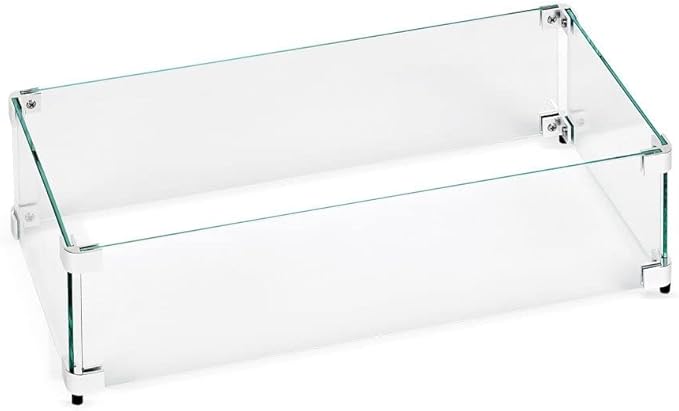 American Fireglass Tempered Glass Flame Guard for 24" x 8" Rectangular Drop-in Fire Pit Pans | Outdoor Wind Guard with Aluminum Fire-Resistant Brackets & Non-Slip Feet | 29.5-inch x 13.5-inch x 6-inch