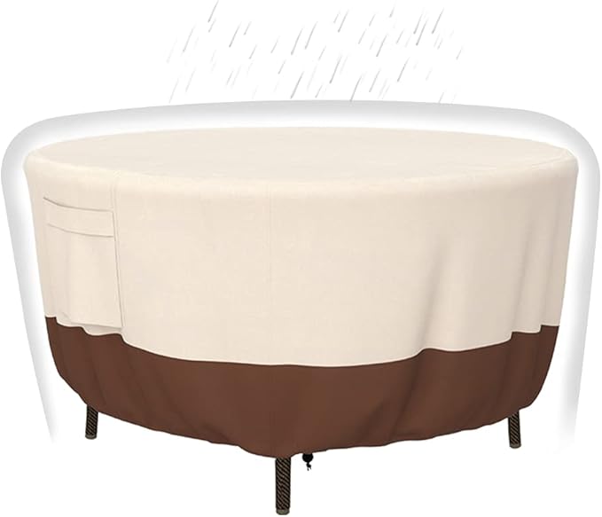 Patio Furniture Covers, Heavy Duty Round Patio Table Cover (62D x 28H Inch) Outdoor Dining & Coffee Table Cover for Veranda, Lawn, Table, Chair-Waterproof & Weather Resistant, Anti UV - Beige & Brown