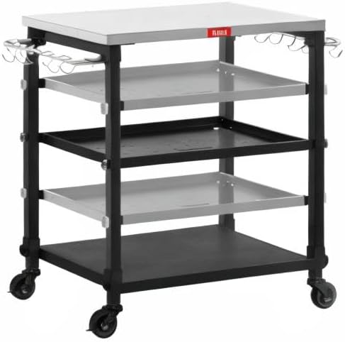 3-Shelf Grill Table, Pizza Oven Stand with Shelf, Movable Pizza Oven Grill Cart, Grill for Outside, Outdoor Bar Cart with Wheels, Stainless Steel top, L26.6xW16.1