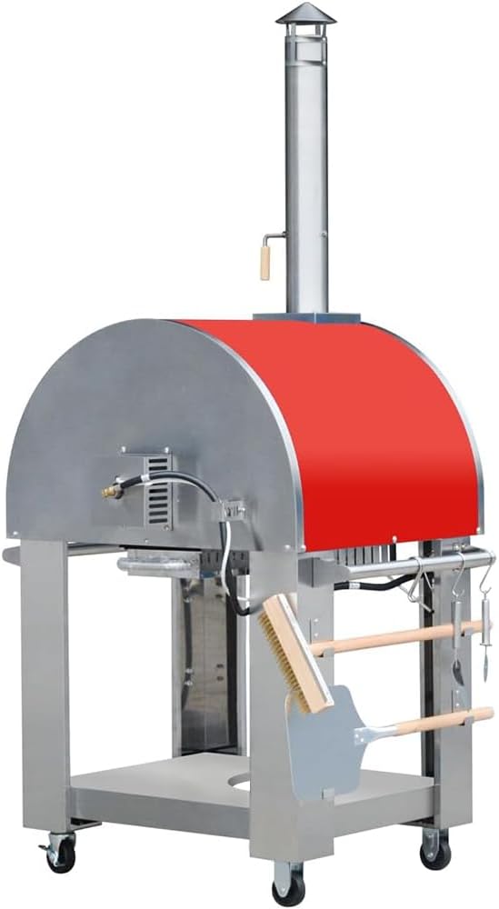 KOSTCH 32.5 inch Wood Fired and Propane Gas Pizza Oven for Outdoor Kitchen in Stainless Steel, Large Pizza Oven for Outside, Yard and Party (Red with Cover)