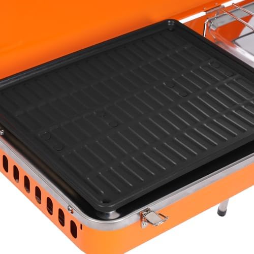 Dual Burner Camping Stove, 5860BTU*2 Portable Outdoor Gas Grill, Propane BBQ Cooker Tabletop Barbecue Stove with Detachable Legs & Windshield for Camping Tailgating Beach Parties and Backyard Cooking