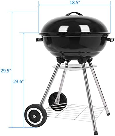 18 Inch Portable Charcoal Grill with Wheels and Lid, Outdoor BBQ Kettle Grill for Camping, Backyard, Tailgating and Picnic, Enamel Coated Charcoal Smoker with One-Touch Cleaning System and Air Vents