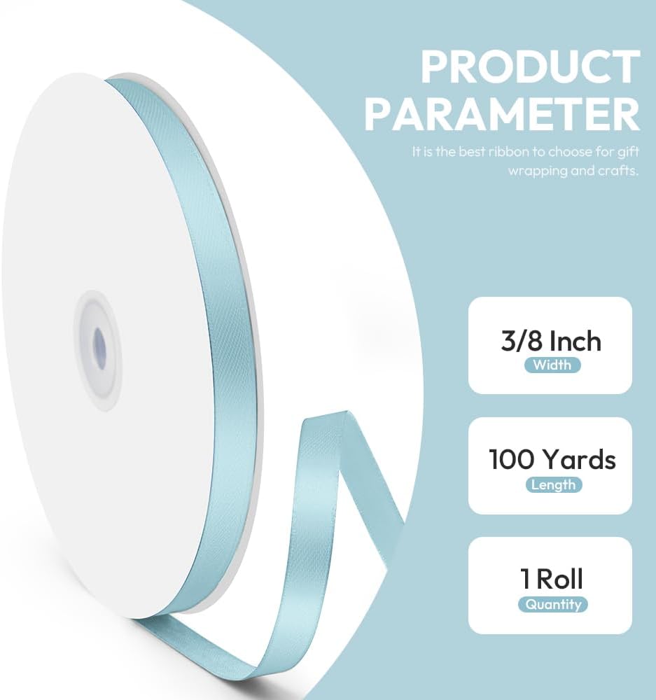 3/8" x 100 Yards Satin Ribbon - Light Blue Silk Ribbon with Spool - Ideal for Gift Wrapping, Floral Bouquets, Crafts, Wedding Party Decorations, Christmas and Sewing Projects