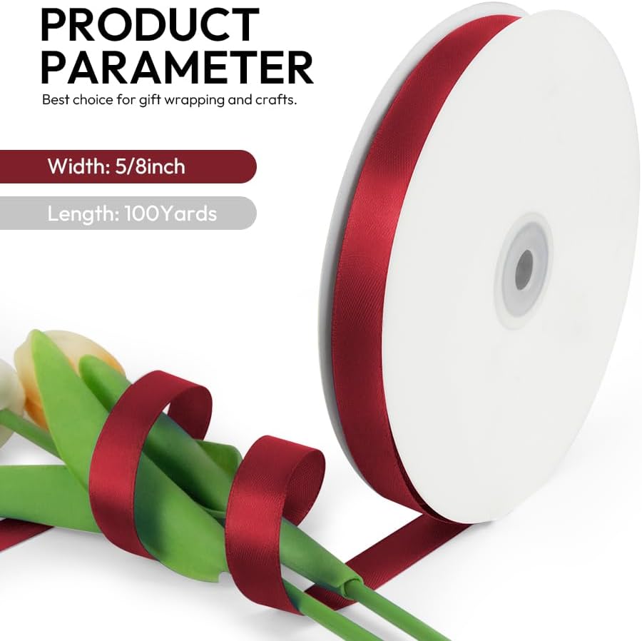 5/8 Inch 100 Yards Satin Ribbon Wine Red, Solid Color Fabric Ribbon for Gift Wrapping, Wedding, Polyester Gift Ribbon for Birthday Party Decoration, Craft, Hair, Floral, Sewing