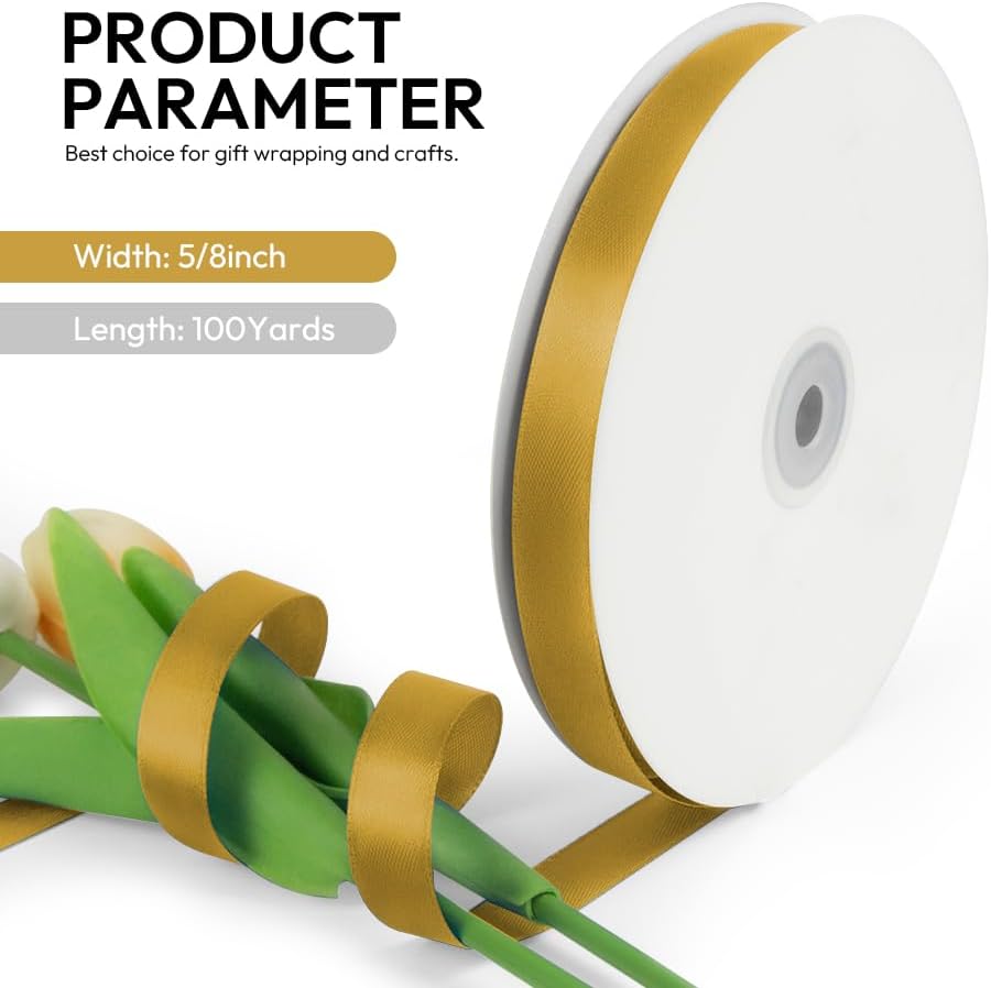 5/8 Inch 100 Yards Satin Ribbon Gold, Solid Color Fabric Ribbon for Gift Wrapping, Wedding, Polyester Gift Ribbon for Birthday Party Decoration, Craft, Hair, Floral, Sewing